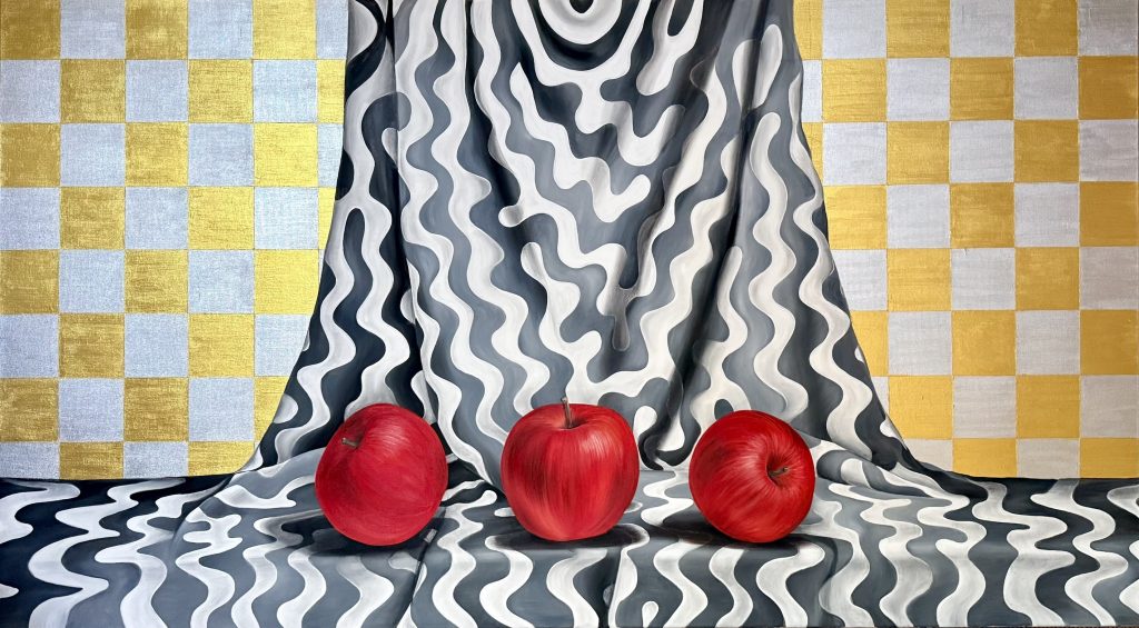 Still life painting with three red apples